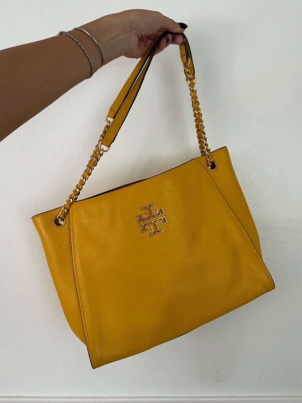 Tory Burch Mustard Yellow Pebbled Leather Shoulder Tote with Gold Chain Detail